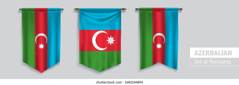 Set of Azerbaijan waving pennants on isolated background vector illustration. 3 Azerbaijani wavy realistic pennon as a symbol of patriotism