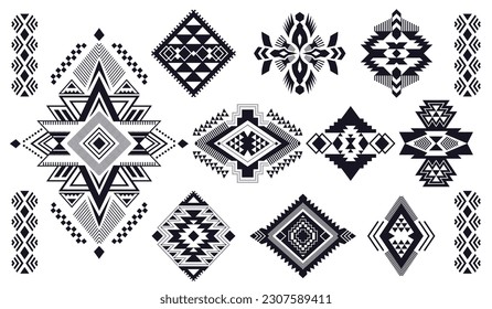 Set of Aztec decorative elements. Ethnic ornaments. Boho symbols.