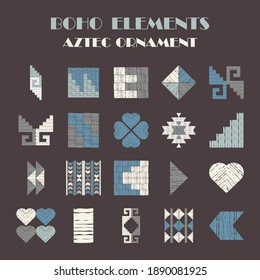 Set: Aztec elements. Boho texture. Design with manual hatching. Textile. Vector illustration for web design or print.