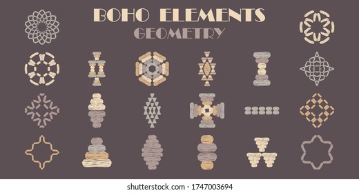 Set: Aztec elements. Geometry. Design with manual hatching. Ethnic boho ornament. Vector illustration for web design or print.