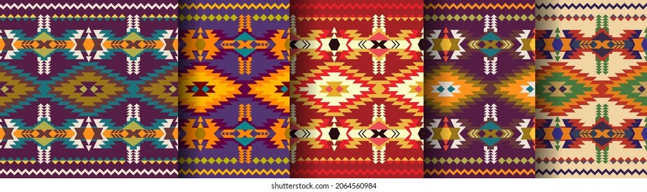 Set of Aztec geometric seamless patterns. Native American Southwest prints. Ethnic design wallpaper, fabric, cover, textile, rug, blanket.