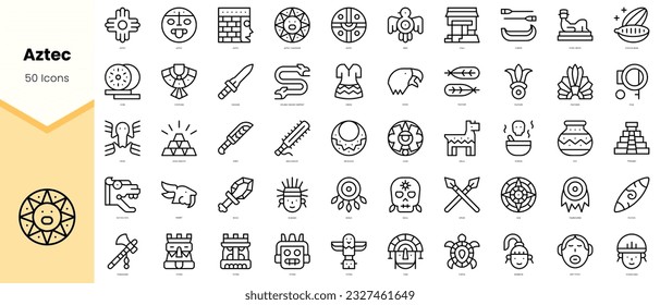 Conjunto de iconos aztecos. Paquete de iconos de estilo de arte de línea simple. Ilustración del vector