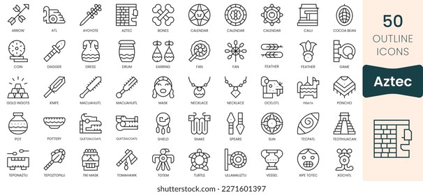 Conjunto de iconos aztecos. Iconos de estilo lineal delgado Empaquetar. Ilustración vectorial