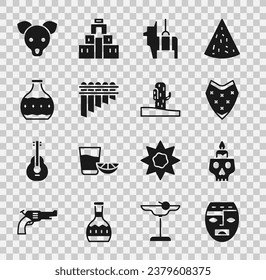 Set Aztec mask, Burning candle on skull, Poncho, Pinata, Pan flute, Tequila bottle, Dog and Cactus icon. Vector