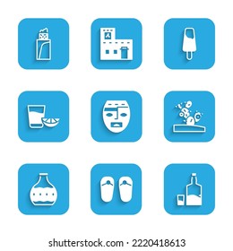 Set Aztec mask, Flip flops, Tequila bottle and glass, Cactus, with lemon, Popsicle ice cream and Burrito icon. Vector