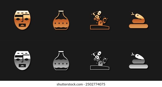 Set Aztec mask, Tequila bottle, Cactus and Snake icon. Vector