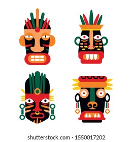 Set Of Aztec, Maya Or Inka Traditional Masks. Flat Colorful Vector Illustration. Isolated On White.