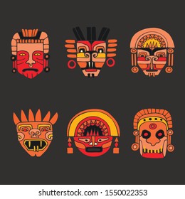 Set Of Aztec, Maya Or Inka Traditional Masks. Colorful Hand Drawn Vector Illustration. Black Background.