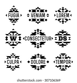 set aztec native ethnic abstract monochrome  hipster minimal geometric vector frame, border, label, logo, badge, monogram or crest for flyer, poster, tattoo or t-shirt print