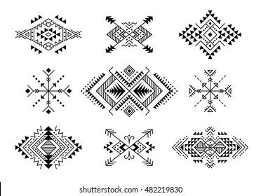 Set of Aztec style ornaments and arrows. American indian ornamental pattern design collection. Tribal decorative templates. Ethnic ornamentation. EPS 10 vector. Isolated on the white background.