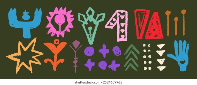 Conjunto de ídolos de totem astecas, antigos símbolos e signos tradicionais primitivos da civilização maia inca. Coleção de vetores de cores mexicanas. Símbolos culturais indígenas e rituais míticos.