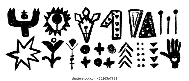 Set of aztec  totem idols, ancient inca Maya civilization primitive traditional signs and symbols. Vector collection Mexican colors. Indigenous culture symbols and mythic rituals.