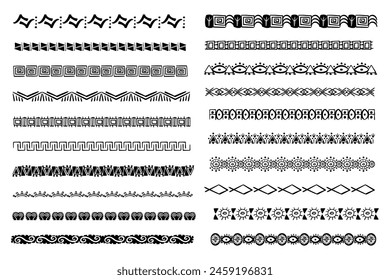 Set aztec tribal motive border in doodle hand drawn style from geometrical shapes isolated on white background. boho scandinavian srtoke, traditional native decor.