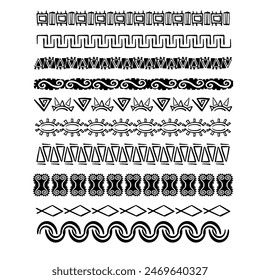 Set aztec tribal motive border in doodle hand drawn style from geometrical shapes isolated on white background. boho scandinavian srtoke, traditional native decor.