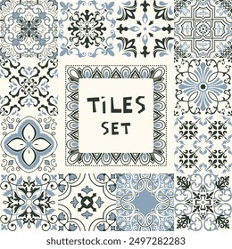 Set of Azulejos in black, blue, white. Original traditional Portuguese and Spain decor. Seamless patchwork tile with Victorian motives. Ceramic tile in talavera style. Gaudi mosaic. Vector