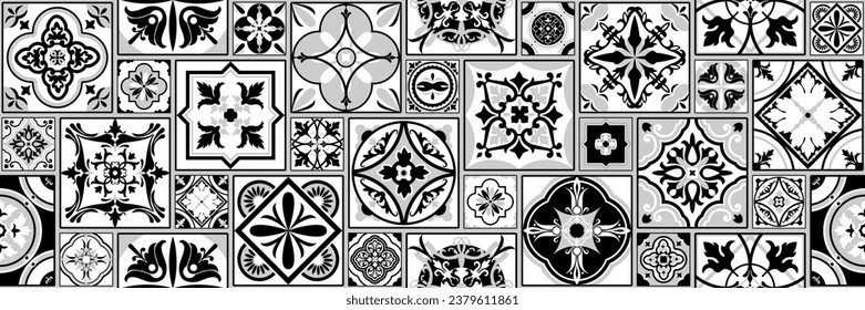 Set of Azulejos tiles in black, white. Original traditional Portuguese and Spanish decor. Seamless patchwork with Victorian motifs. Talavera style ceramic tiles. Mosaic by Gaudi. Vector