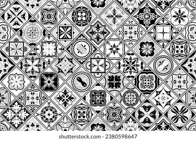 Conjunto de azulejos azules de color negro y blanco. Original decoración tradicional portuguesa y española. Parchwork impecable con motivos victorianos. Baldosas de cerámica al estilo de Talavera. Mosaico de Gaudi. Vector