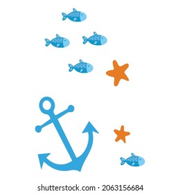 A set of azure icons with a marine texture. Conditional symbols in colors, Sea seamless background with anchor and fish.