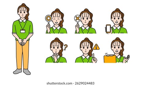 Set B of illustration materials of female caregivers in uniform (full body bust up expressive expressions poses).
