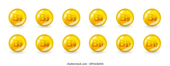 Set of B vitamin complex. Vitamin B1, B3, B6, B9, B12 and more. 3D Multivitamin supplement illustration concept.