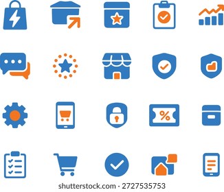 Set of B2C blue and orange shopping and e-commerce vector icons for websites and mobile applications
