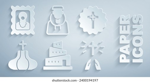 Set Babel tower bible story, Christian cross, Church, Hands in praying position, Monk and icon icon. Vector