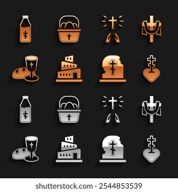 Set Babel tower bible story, Christian cross, Religious in heart, Grave with tombstone, Goblet and bread, Hands praying position, Holy water bottle and Basket easter eggs icon. Vector