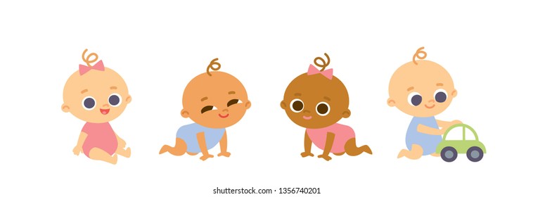 Set of babies cartoon characters. International babies playing with toys.