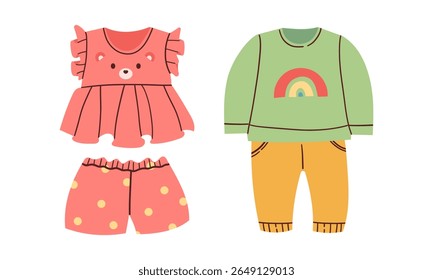 Set of babies clothes. Kids clothes flat style illustration. Cute baby boys and girls cloth with funny patterns. Children summer fashion apparel vector set. Newborn and toddler costume wear isolated o