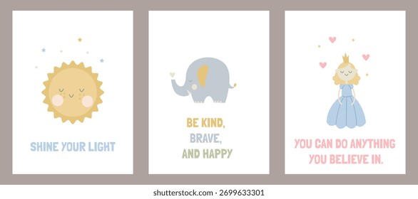 Un conjunto para bebés con carteles lindos para la habitación de un niño. Un bebé elefante, una princesa y el sol. 