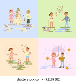 Set with babies. Different weather. Flat design, boy and girl four seasons. autumn, winter, spring, summer. Cartoon characters, illustration vector eps10