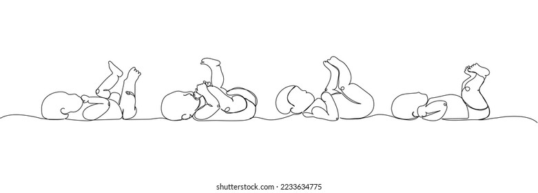 Set of babies lying on their backs and waves its legs one line art. Continuous line drawing of child, childhood, newborn, new life, son, daughter, silhouette, motherhood, baby.