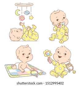 Set of babies playing toys. First year games. Baby hold teething toy. Baby lay on developing mat  Baby look  at mobile. Toddler in pajamas. Colorful vector Illustration isolated on white background