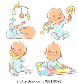 Set of babies playing toys. First year games. Baby hold teething toy. Baby lay on developing play mat  Baby look  at mobile toy.Colorful vector Illustration isolated on white background