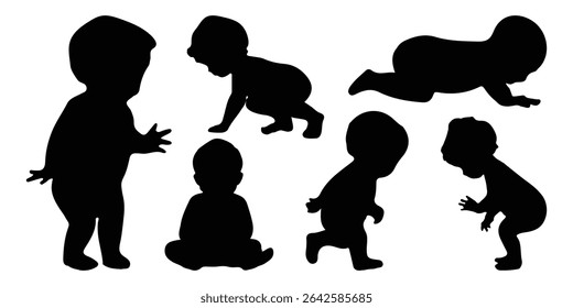 Set of Babies Silhouette.  baby silhouettes in different pose.