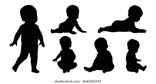Set of Babies Silhouette.  baby silhouettes in different pose.