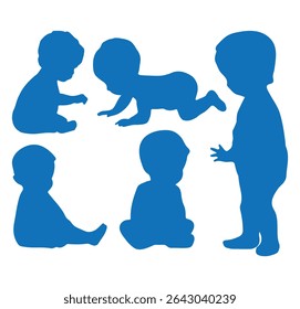 Conjunto de silhueta de bebês. Silhueta infantil na coleção de símbolos de bebê de cor azul. Ilustração vetorial