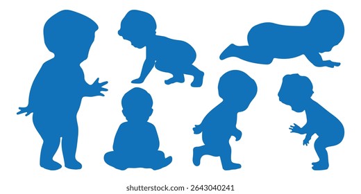 Conjunto de silhueta de bebês. Silhueta infantil na coleção de símbolos de bebê de cor azul. Ilustração vetorial