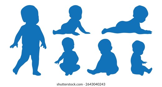 Conjunto de silhueta de bebês. Silhueta infantil na coleção de símbolos de bebê de cor azul. Ilustração vetorial