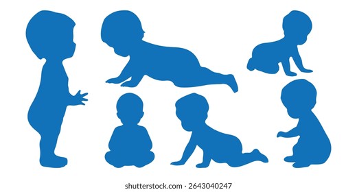 Conjunto de silhueta de bebês. Silhueta infantil na coleção de símbolos de bebê de cor azul. Ilustração vetorial