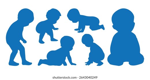 Conjunto de silhueta de bebês. Silhueta infantil na coleção de símbolos de bebê de cor azul. Ilustração vetorial