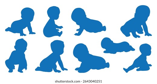 Conjunto de silhueta de bebês. Silhueta infantil na coleção de símbolos de bebê de cor azul. Ilustração vetorial