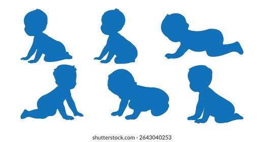 Conjunto de silhueta de bebês. Silhueta infantil na coleção de símbolos de bebê de cor azul. Ilustração vetorial