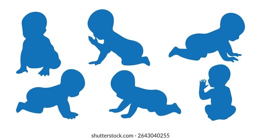 Conjunto de silhueta de bebês. Silhueta infantil na coleção de símbolos de bebê de cor azul. Ilustração vetorial