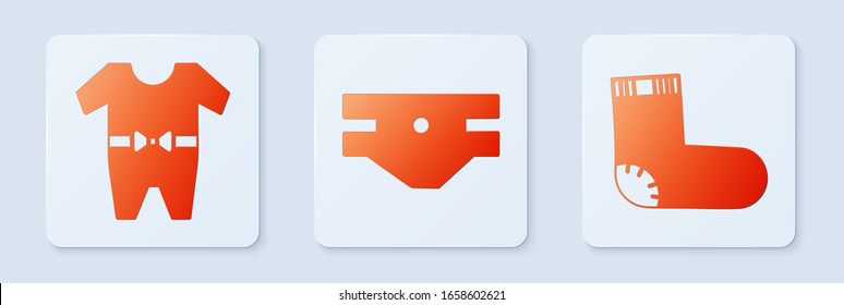 Set Baby absorbent diaper, Baby clothes and Baby socks clothes. White square button. Vector