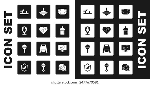 Set Baby absorbent diaper, inside heart, dummy pacifier, shoes, bottle, Whirligig toy,  and Rattle baby icon. Vector