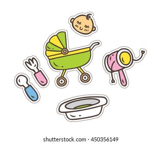 set of baby accessories cute patch isolated on white background 