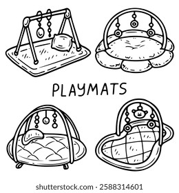 Set baby activity playmat with hanging toys. Hand drawn doodle. Educational games for children. Play decoration for children's room. Childhood. Vector line art illustration.