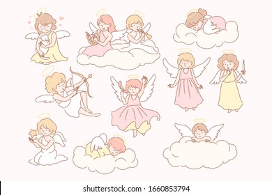 Conjunto de concepto cupidon de los ángeles de bebé. Grupo de niñitos, niños con alas en las nubes. Colección de ángeles de niños felices con trompeta, arco, flecha, arpa, trompeta, estrella. Día de San Valentín. Vector plano simple