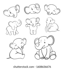 Set baby animals. Cute elephant animals. Vintage style. Vector illustration.